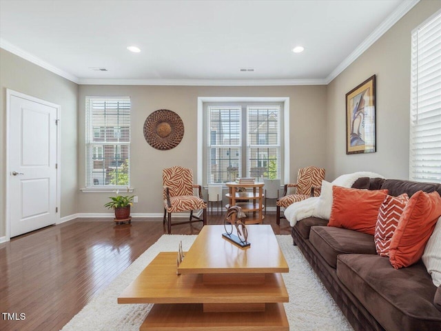 215 Brier Summit Pl, Durham, NC 27703 - living area featuring wood finished floors, ornamental molding, and recessed lighting