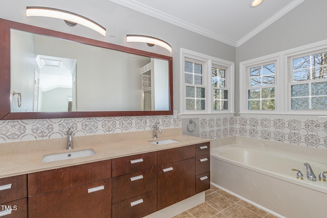 112 Solstice Cir, Cary, NC 27513 - full bathroom featuring double vanity, a bath, crown molding, tile patterned floors, and lofted ceiling