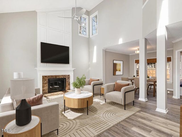 112 Solstice Cir, Cary, NC 27513 - living room featuring light wood-style floors, a towering ceiling, a high end fireplace, and ceiling fan