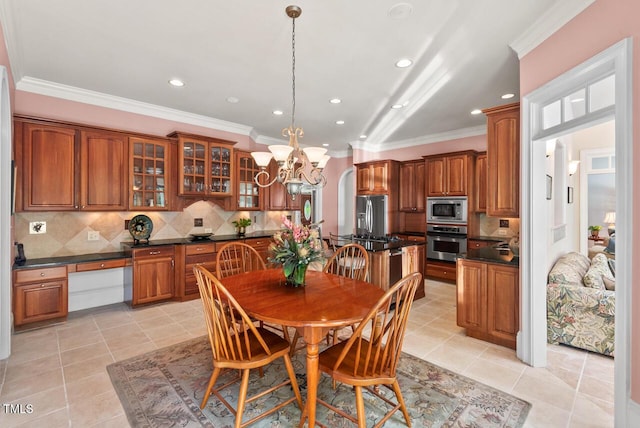 3606 Dairy Pond Pl, Durham, NC 27705 - dining space featuring crown molding, light tile patterned floors, recessed lighting, and a chandelier