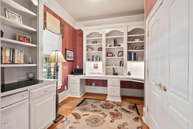 3606 Dairy Pond Pl, Durham, NC 27705 - home office with built in desk, light wood-type flooring, and crown molding