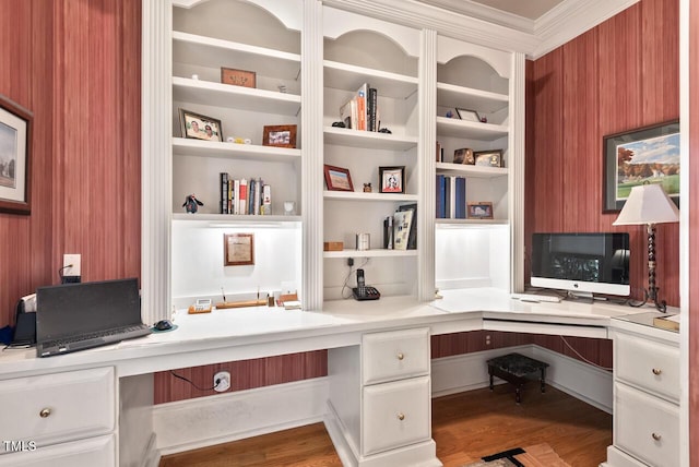 3606 Dairy Pond Pl, Durham, NC 27705 - home office with built in study area, crown molding, wood finished floors, and built in shelves