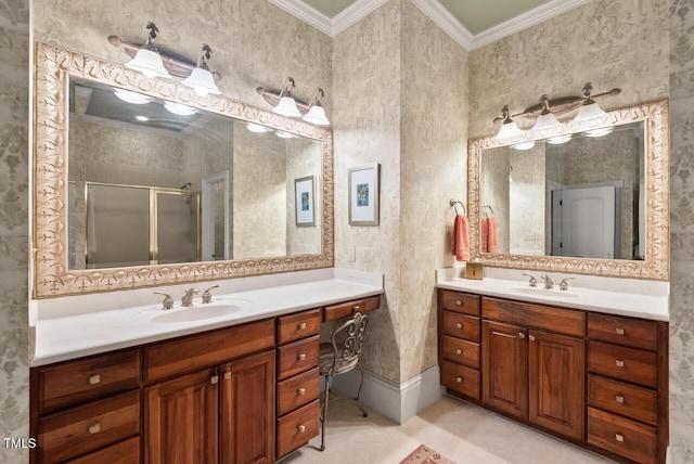 3606 Dairy Pond Pl, Durham, NC 27705 - bathroom featuring vanity, ornamental molding, and a stall shower