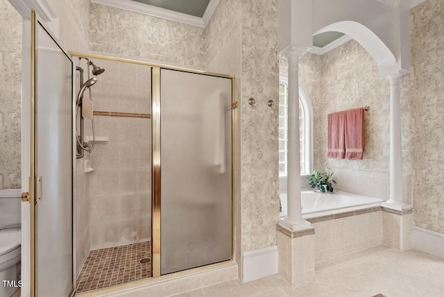 3606 Dairy Pond Pl, Durham, NC 27705 - full bath featuring a shower stall, a garden tub, ornamental molding, tile patterned flooring, and ornate columns
