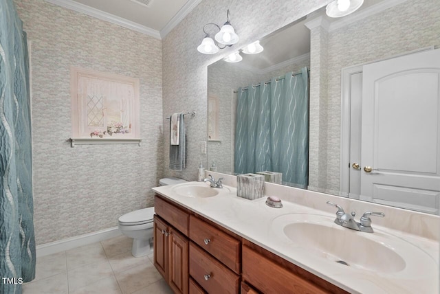3606 Dairy Pond Pl, Durham, NC 27705 - bathroom with ornamental molding, double vanity, tile patterned floors, wallpapered walls, and curtained shower