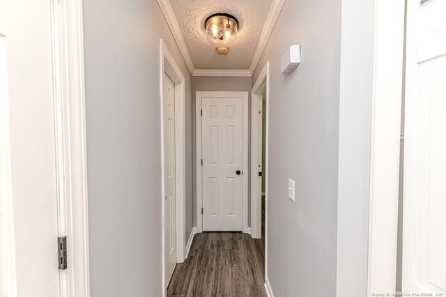 4101 Carson Dr, Sanford, NC 27332 - hallway with a textured ceiling, dark wood finished floors, and crown molding
