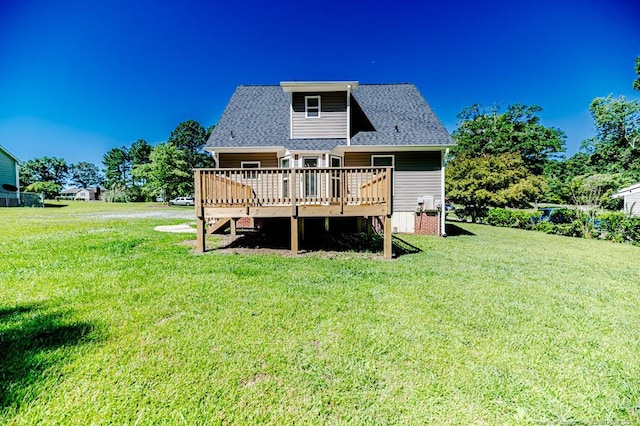 4101 Carson Dr, Sanford, NC 27332 - rear view of property with a wooden deck, a lawn, and a shingled roof