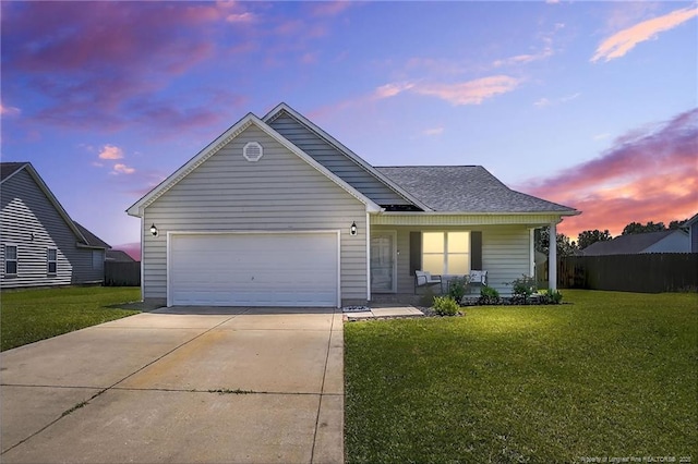 167 Westminster Dr, Raeford, NC 28376 - single story home with a porch, concrete driveway, a yard, a garage, and a shingled roof