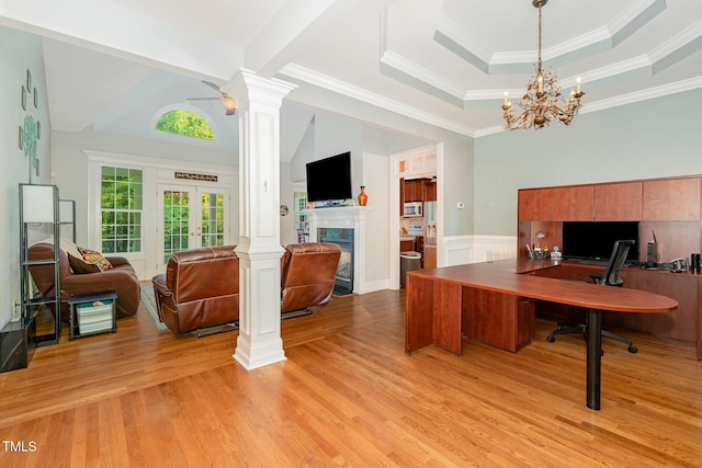 15 Cole Creek Way, Franklinton, NC 27525 - office featuring ornate columns, a fireplace, light wood finished floors, a chandelier, and crown molding
