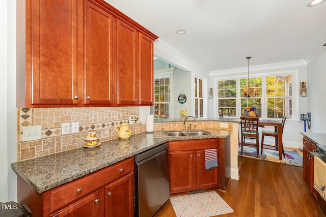 15 Cole Creek Way, Franklinton, NC 27525 - kitchen with stainless steel dishwasher, dark wood-style floors, backsplash, crown molding, and stone countertops