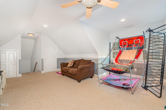 15 Cole Creek Way, Franklinton, NC 27525 - bedroom with carpet flooring, vaulted ceiling, a ceiling fan, and recessed lighting