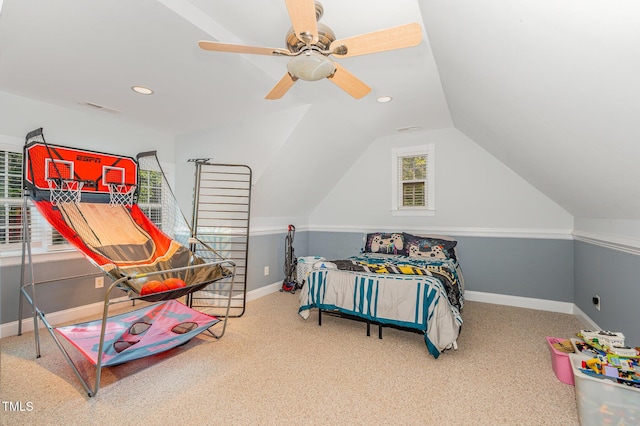 15 Cole Creek Way, Franklinton, NC 27525 - carpeted bedroom with a ceiling fan, vaulted ceiling, and recessed lighting