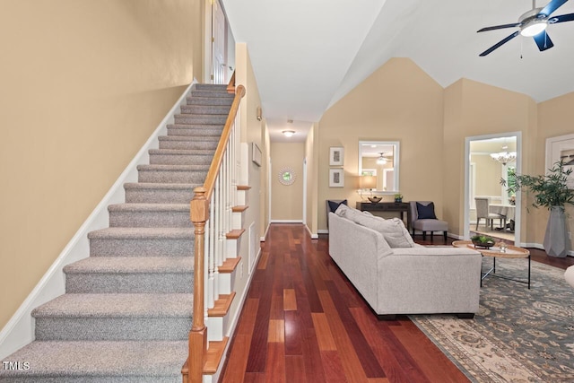 126 Captains Ct, Durham, NC 27712 - stairs featuring a ceiling fan, lofted ceiling, and wood finished floors