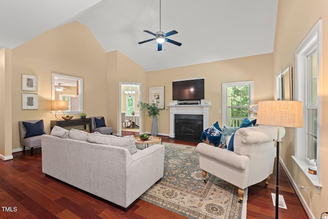 126 Captains Ct, Durham, NC 27712 - living area featuring a ceiling fan, plenty of natural light, dark wood finished floors, and high vaulted ceiling