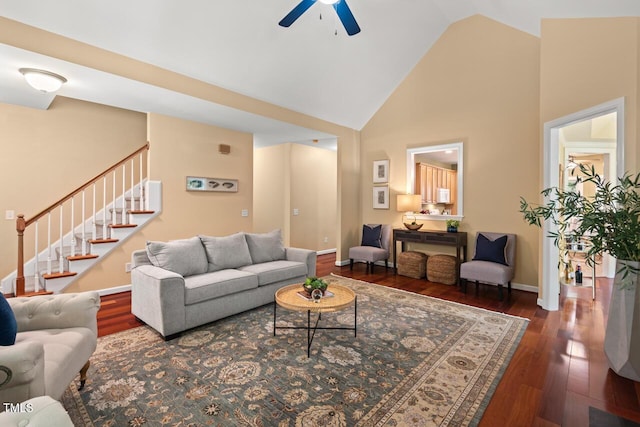 126 Captains Ct, Durham, NC 27712 - living room with ceiling fan, stairway, high vaulted ceiling, and wood finished floors