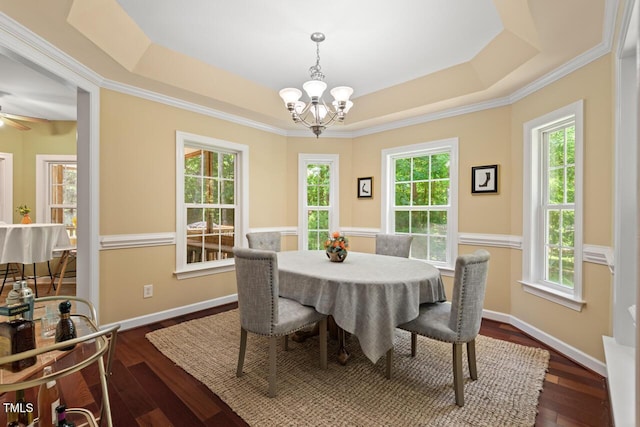 126 Captains Ct, Durham, NC 27712 - dining area with a chandelier, a raised ceiling, plenty of natural light, and ornamental molding