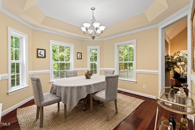 126 Captains Ct, Durham, NC 27712 - dining space with a chandelier, healthy amount of natural light, a raised ceiling, and ornamental molding