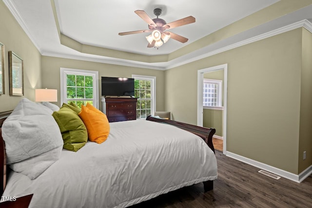 126 Captains Ct, Durham, NC 27712 - bedroom with a raised ceiling, wood finished floors, ornamental molding, and ceiling fan
