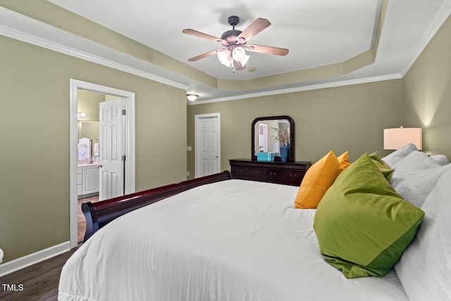 126 Captains Ct, Durham, NC 27712 - bedroom with wood finished floors, crown molding, ensuite bath, a tray ceiling, and ceiling fan