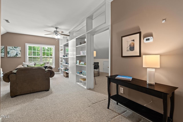 126 Captains Ct, Durham, NC 27712 - living area featuring a ceiling fan, carpet flooring, and vaulted ceiling