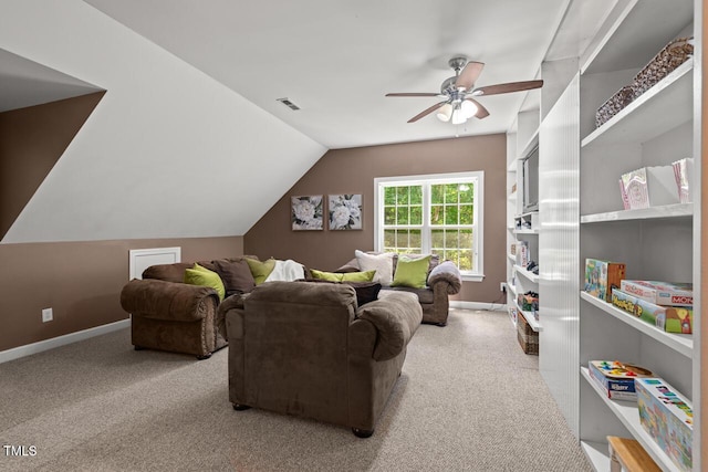 126 Captains Ct, Durham, NC 27712 - living room with carpet, a ceiling fan, and lofted ceiling