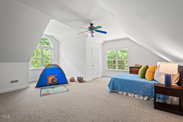 126 Captains Ct, Durham, NC 27712 - bedroom featuring vaulted ceiling, carpet flooring, and ceiling fan