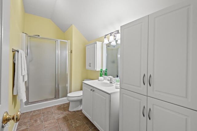 126 Captains Ct, Durham, NC 27712 - full bathroom with a shower stall, vanity, and vaulted ceiling