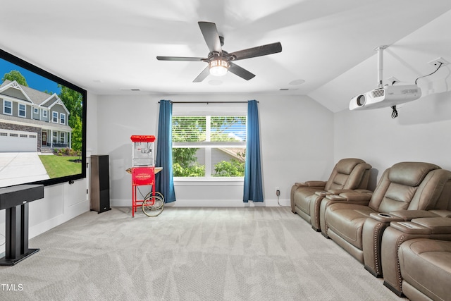 8341 Running Fern Way, Willow Springs, NC 27592 - cinema room featuring light carpet, vaulted ceiling, and a ceiling fan