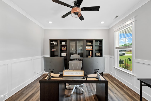 8341 Running Fern Way, Willow Springs, NC 27592 - office area featuring dark wood-style floors, ceiling fan, ornamental molding, a wainscoted wall, and a decorative wall
