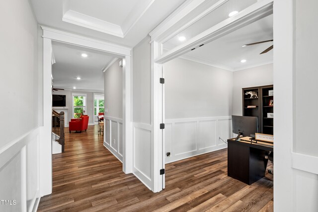 8341 Running Fern Way, Willow Springs, NC 27592 - office space featuring ornamental molding, wood finished floors, ceiling fan, recessed lighting, and a fireplace