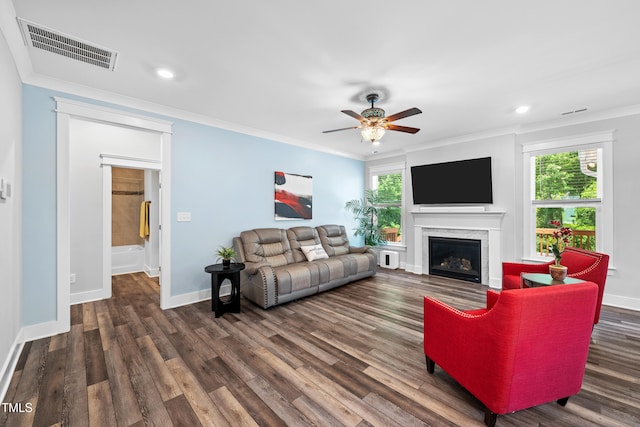8341 Running Fern Way, Willow Springs, NC 27592 - living area featuring crown molding, healthy amount of natural light, a ceiling fan, a fireplace, and dark wood-type flooring
