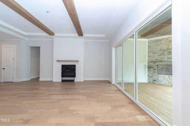 0 Bluestone Ct Lot 22R, Chapel Hill, NC 27514 - unfurnished living room with a fireplace, light wood-type flooring, and beam ceiling