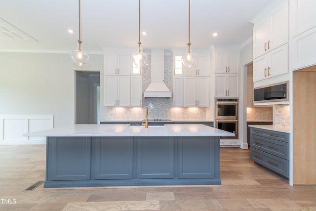 0 Bluestone Ct Lot 22R, Chapel Hill, NC 27514 - kitchen featuring stainless steel double oven, custom exhaust hood, built in microwave, light countertops, and white cabinetry