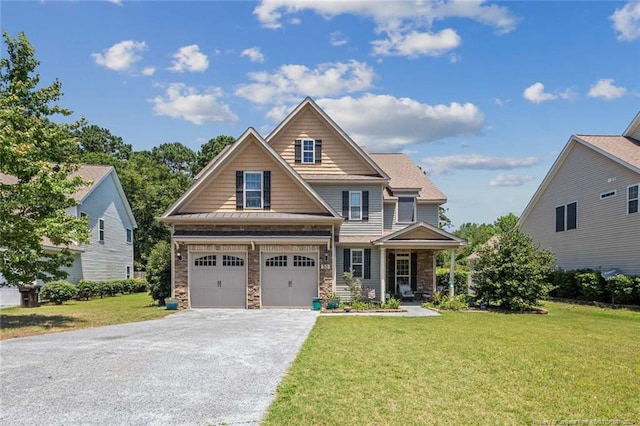 50 Turner Mathews Ct, Spring Lake, NC 28390 - craftsman-style home with driveway, a front yard, a garage, and stone siding