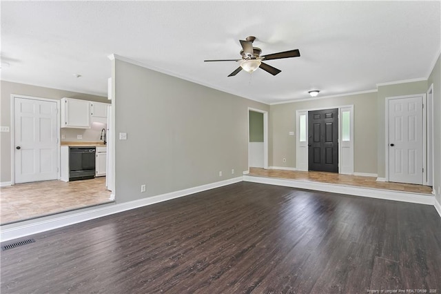 2012 Cobblestone Pl, Fayetteville, NC 28304 - unfurnished living room featuring wood finished floors, ceiling fan, and crown molding
