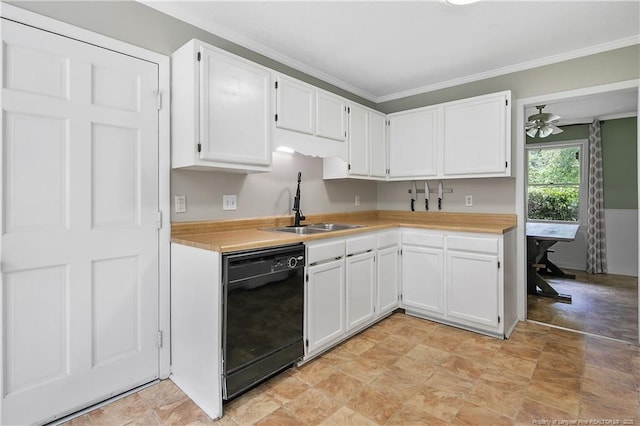 2012 Cobblestone Pl, Fayetteville, NC 28304 - kitchen with dishwasher, light countertops, white cabinets, crown molding, and stone finish floors