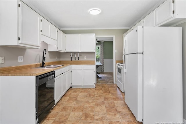 2012 Cobblestone Pl, Fayetteville, NC 28304 - kitchen with white appliances, white cabinetry, light countertops, stone finish flooring, and ornamental molding