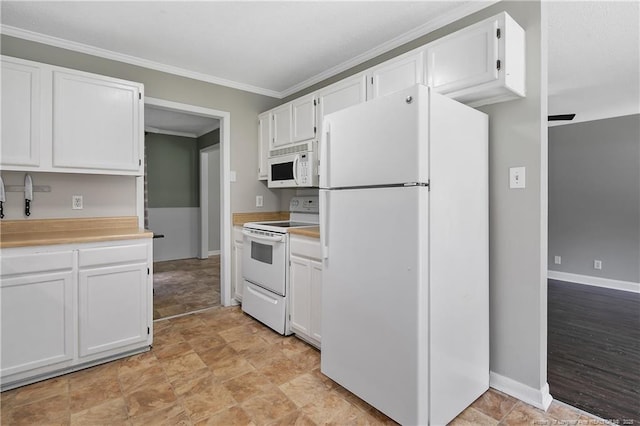 2012 Cobblestone Pl, Fayetteville, NC 28304 - kitchen with white appliances, white cabinets, light countertops, and crown molding
