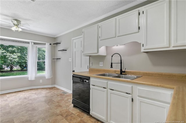 2012 Cobblestone Pl, Fayetteville, NC 28304 - kitchen with dishwasher, light countertops, white cabinetry, a textured ceiling, and ornamental molding