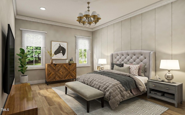 135 Gary Rd, Carrboro, NC 27510 - bedroom with a chandelier, light wood finished floors, and ornamental molding