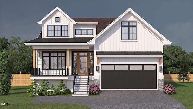 135 Gary Rd, Carrboro, NC 27510 - modern inspired farmhouse featuring board and batten siding, an attached garage, asphalt driveway, a porch, and a metal roof
