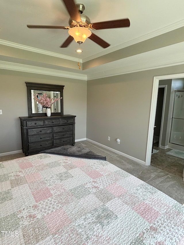 644 Wall Rd, Wendell, NC 27591 - carpeted bedroom featuring ornamental molding, a raised ceiling, and ceiling fan