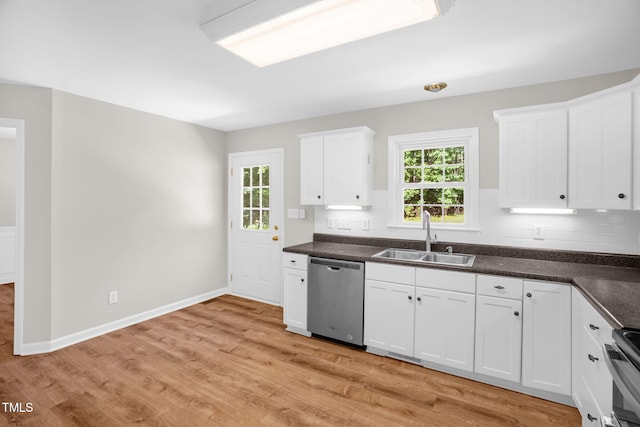 514 Lipscomb Grove Church Rd, Hillsborough, NC 27278 - kitchen featuring dishwasher, white cabinetry, backsplash, dark countertops, and light wood-type flooring