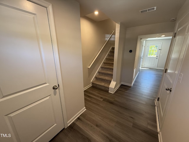 4500 Black Drum Dr, Raleigh, NC 27616 - hall featuring dark wood-style flooring, recessed lighting, and stairs