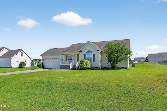108 Hudson Dr, Princeton, NC 27569 - ranch-style house with crawl space, concrete driveway, an attached garage, a front yard, and roof with shingles