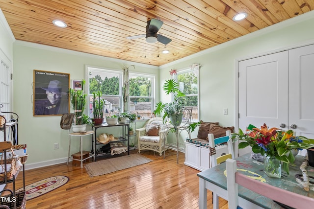 302 Bradley St, Burlington, NC 27215 - living area featuring ornamental molding, a ceiling fan, wooden ceiling, hardwood / wood-style floors, and recessed lighting