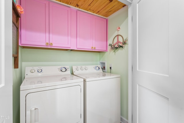 302 Bradley St, Burlington, NC 27215 - laundry room featuring washing machine and clothes dryer, wood ceiling, and cabinet space
