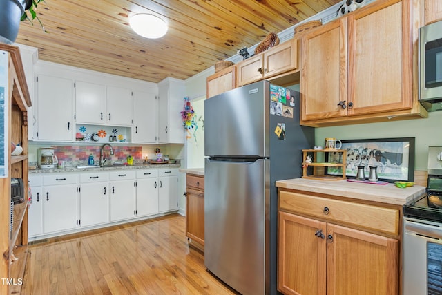 302 Bradley St, Burlington, NC 27215 - kitchen with appliances with stainless steel finishes, wood ceiling, light countertops, light wood finished floors, and open shelves