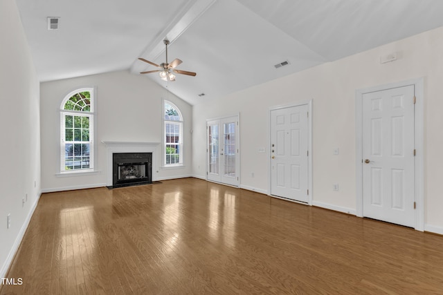 4622 Ludwell Branch Ct, Raleigh, NC 27612 - unfurnished living room featuring wood finished floors, ceiling fan, and a fireplace with flush hearth