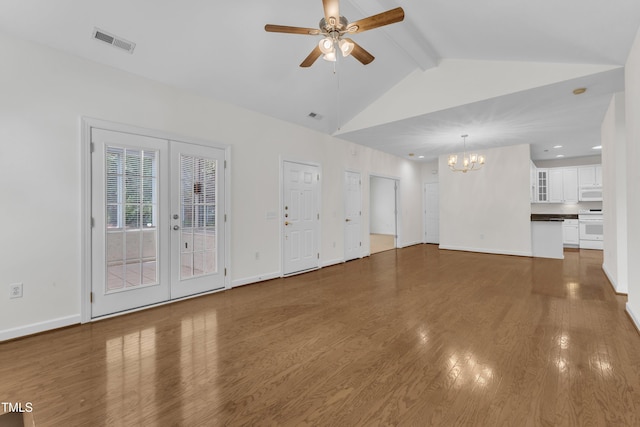 4622 Ludwell Branch Ct, Raleigh, NC 27612 - unfurnished living room with a chandelier, wood finished floors, a ceiling fan, and french doors